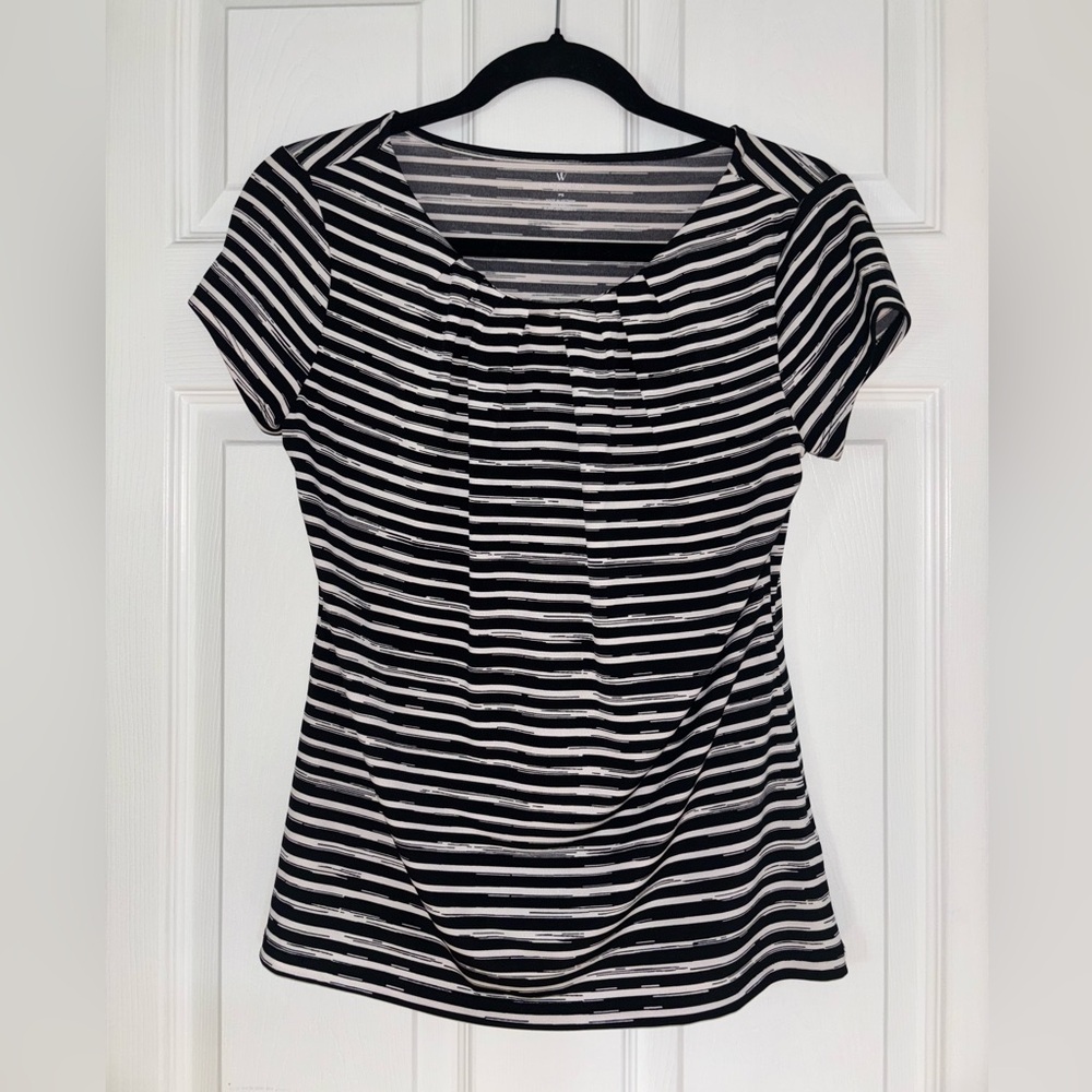 Worthington Petite Black & White Striped Short Sleeve Blouse (PS)
